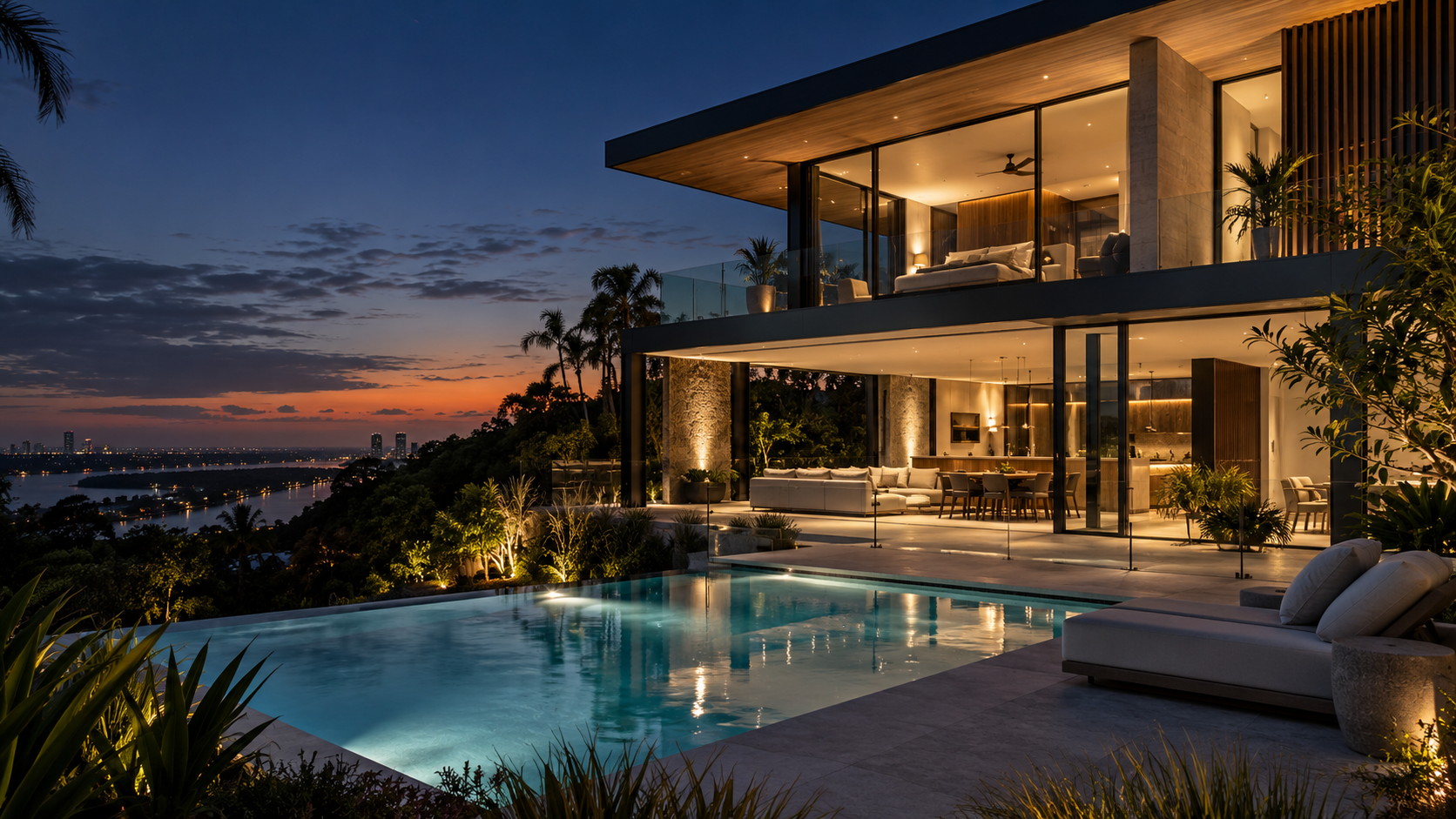 Illustrative coastal home with warm architectural lighting at dusk